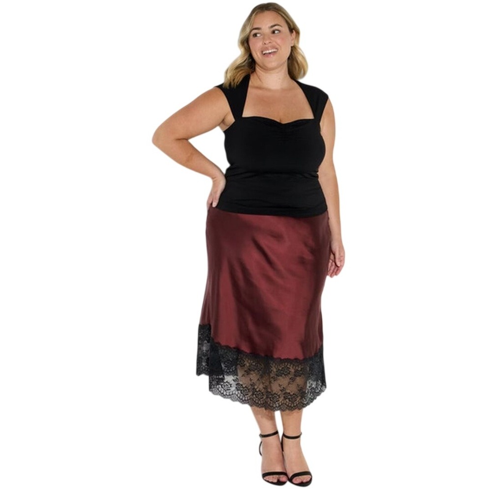Wild Fable Women's Burgundy Lace Trim Satin Midi Slip Skirt Size XXL